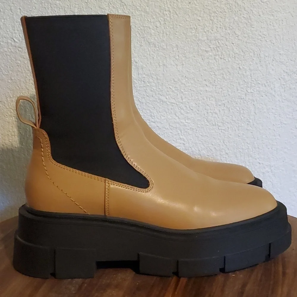 Mango|Womens Tan Platform Track Sole Contrast Panels Ankle Boot Neutral Sz.EU 40